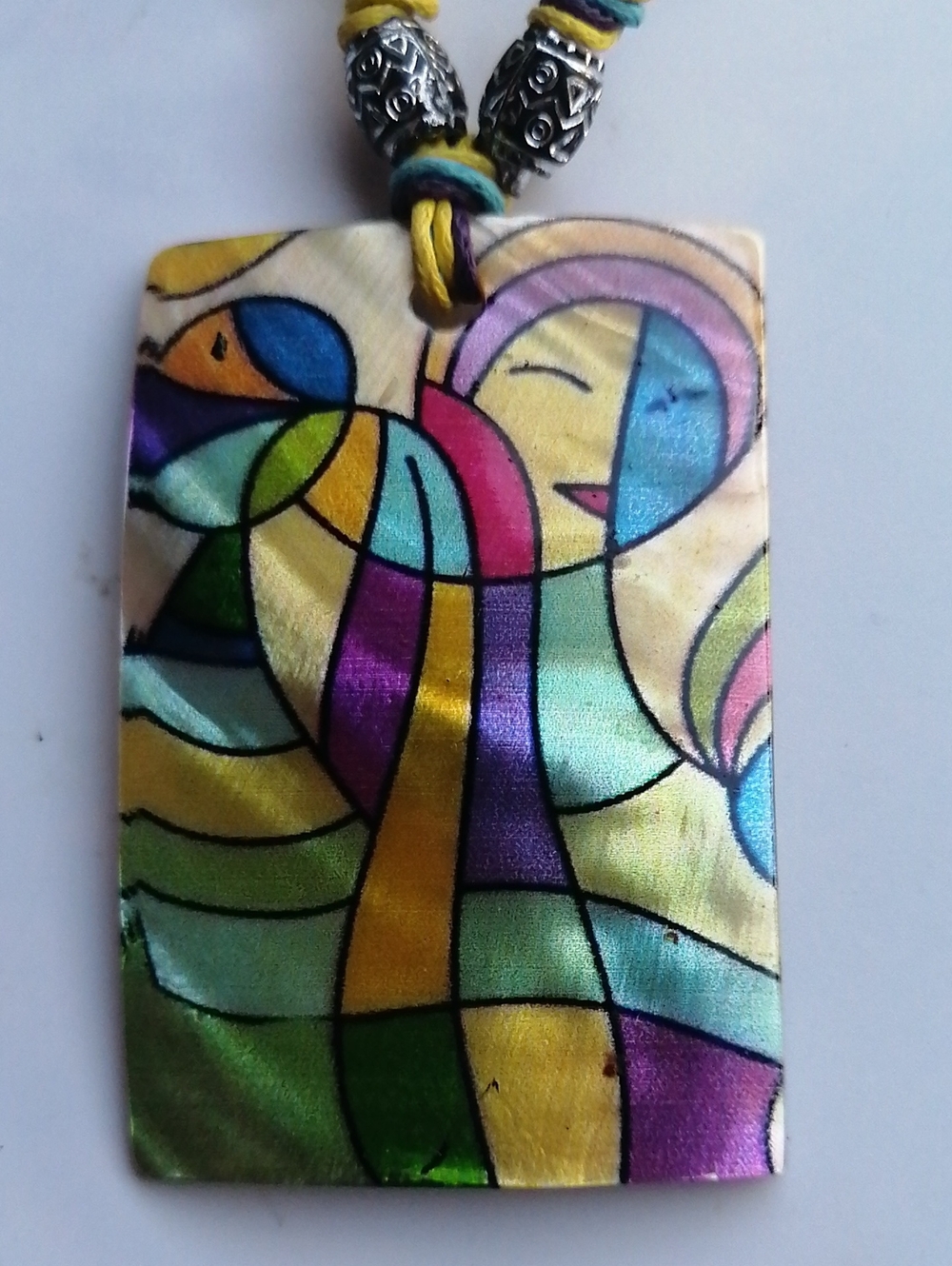 Multicolour Abstract Modernist Cubist MOP Shell Rectangular Pendant Necklace - Picture 3 of 7